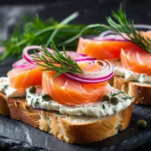 Tostón de Salmón Ahumado, Queso Crema con Eneldo y Alcaparras
